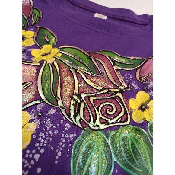 Vtg 3D Hand painted Floral Roses Purple T Shirt One Size - Picture 5 of 9